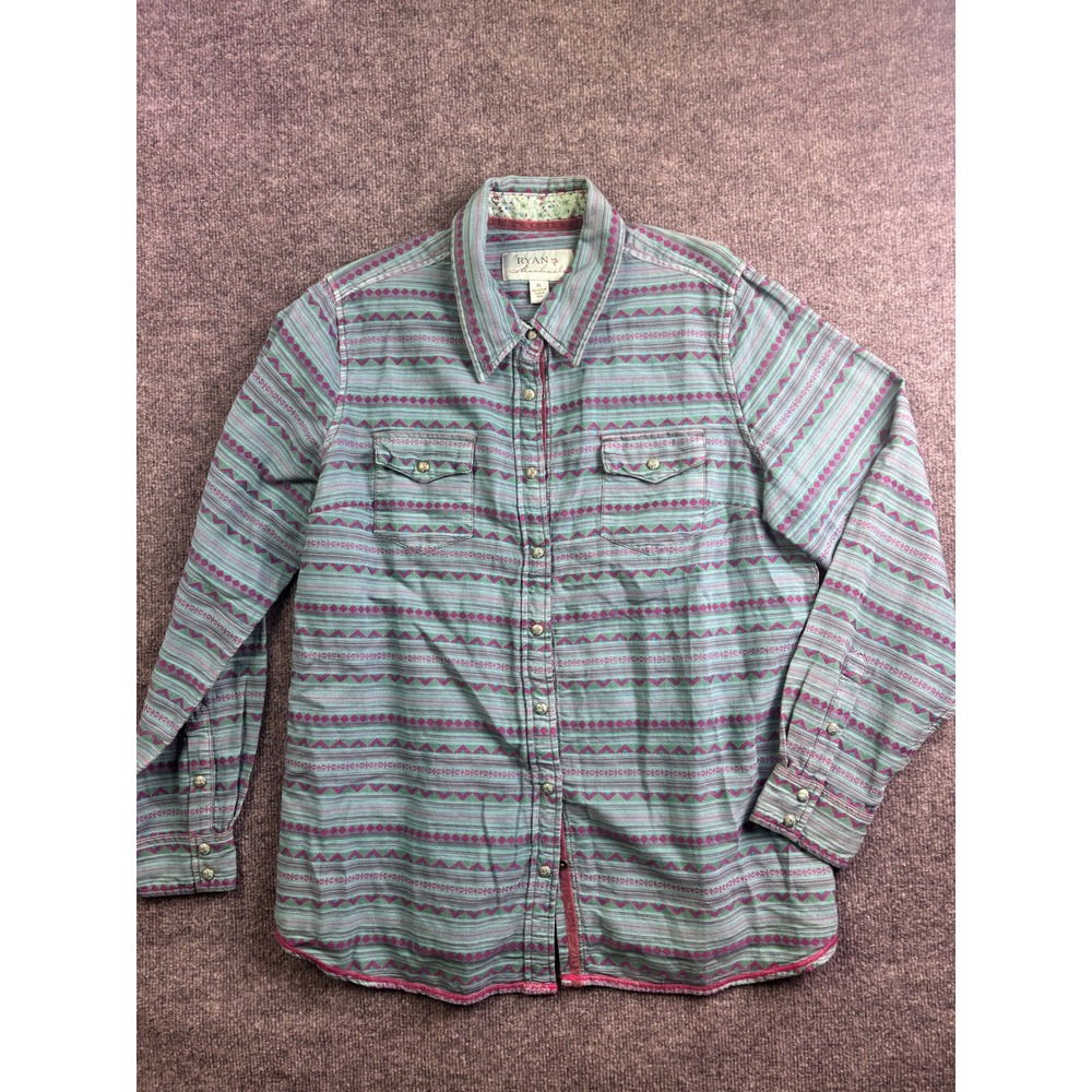 Ryan Michael Western Snap Shirt Men XL Teal Purple Southwestern Geometric Stripe